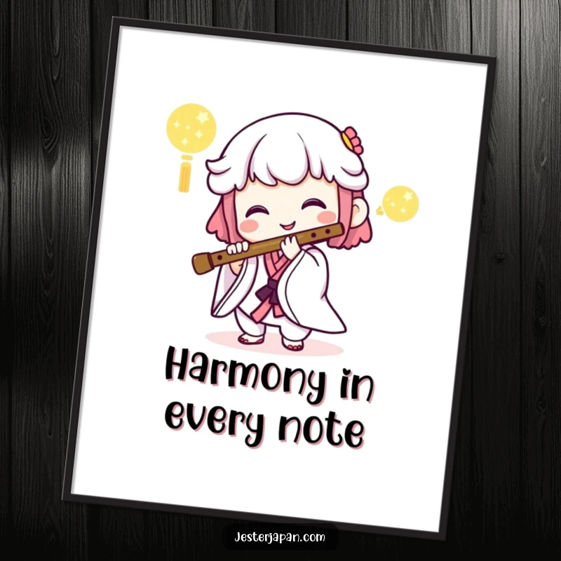 Funny Free Printable wall art of a joyful Kawaii character playing a traditional Japanese flute, a harmonious and happy scene.