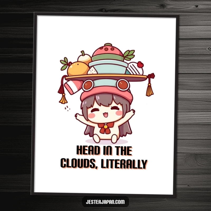 Funny Free Printable Wall Art of a cute Kawaii character comically attempting to balance a tower of various items on its head.