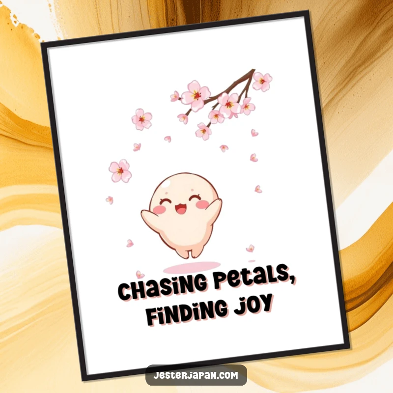 Funny Free Printable Wall Art of a small, round Kawaii character joyfully attempting to catch delicate, falling cherry blossoms in a serene setting.