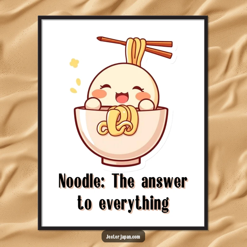 Funny Free Printable Wall Art of a small, round Kawaii character joyfully slurping noodles, capturing a moment of pure culinary bliss.