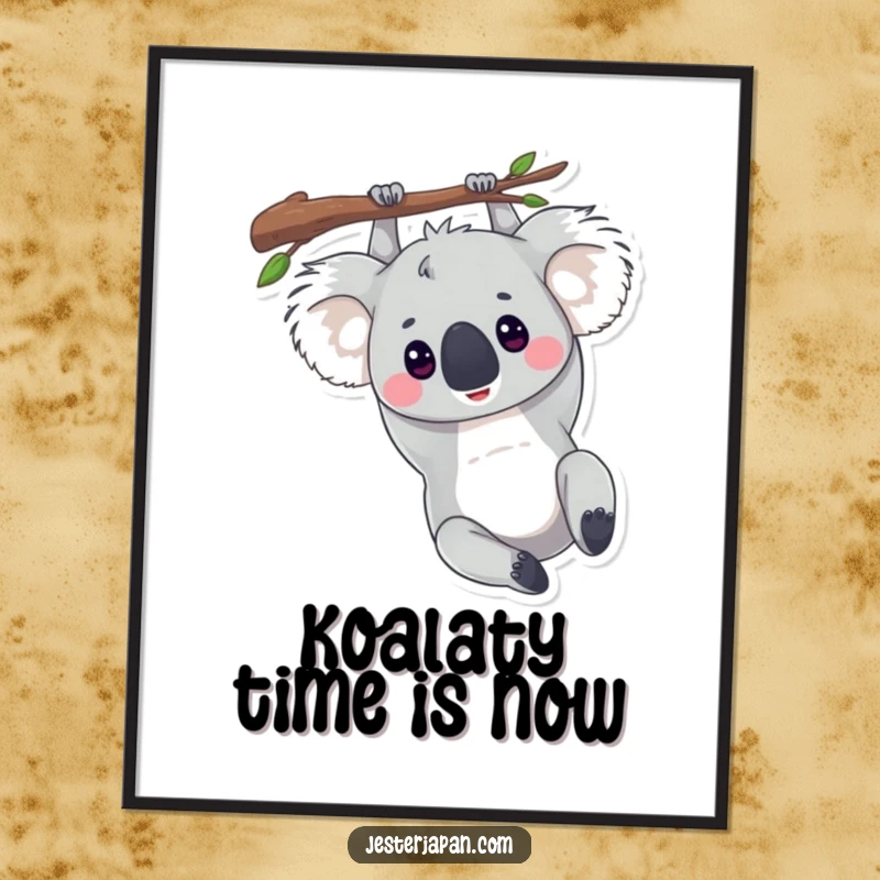 Funny Free Printable Wall Art: A cozy koala hanging effortlessly upside down from a branch, exuding peace and adorable charm.