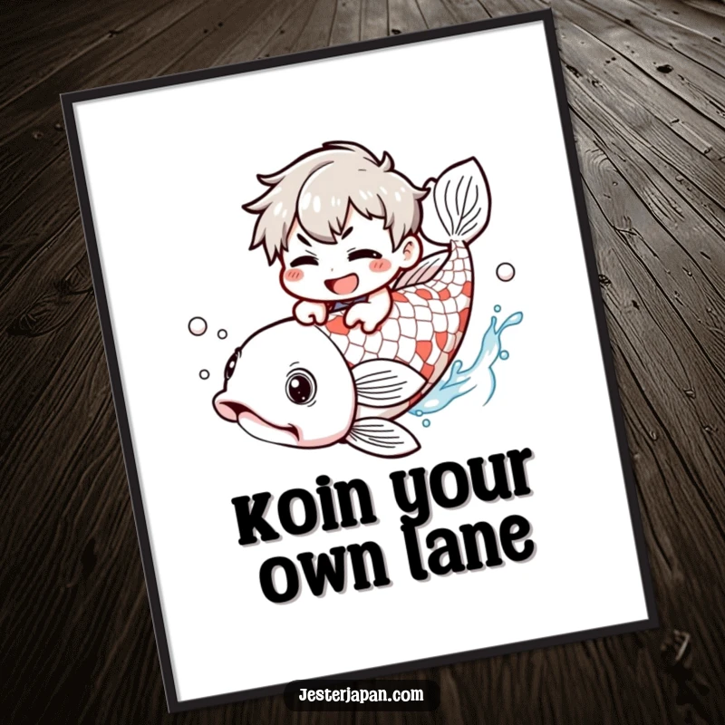 Funny Free Printable Wall Art: A mischievous kawaii character joyfully pretends to ride a massive, elegant koi fish.