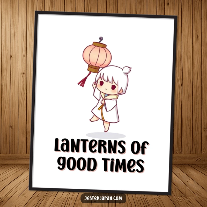 Funny Free Printable Wall Art: Character playfully balances a small, stylized paper lantern with serene focus. Charming downloadable art.