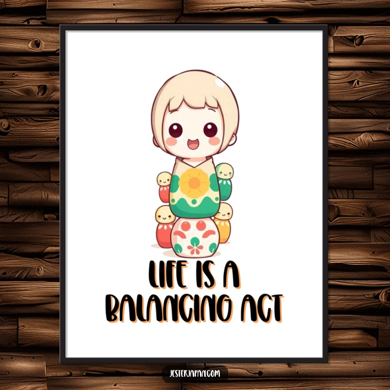 Funny Free Printable Wall Art: A character masterfully balancing a precarious stack of colorful Kokeshi dolls, adding humor to decor.