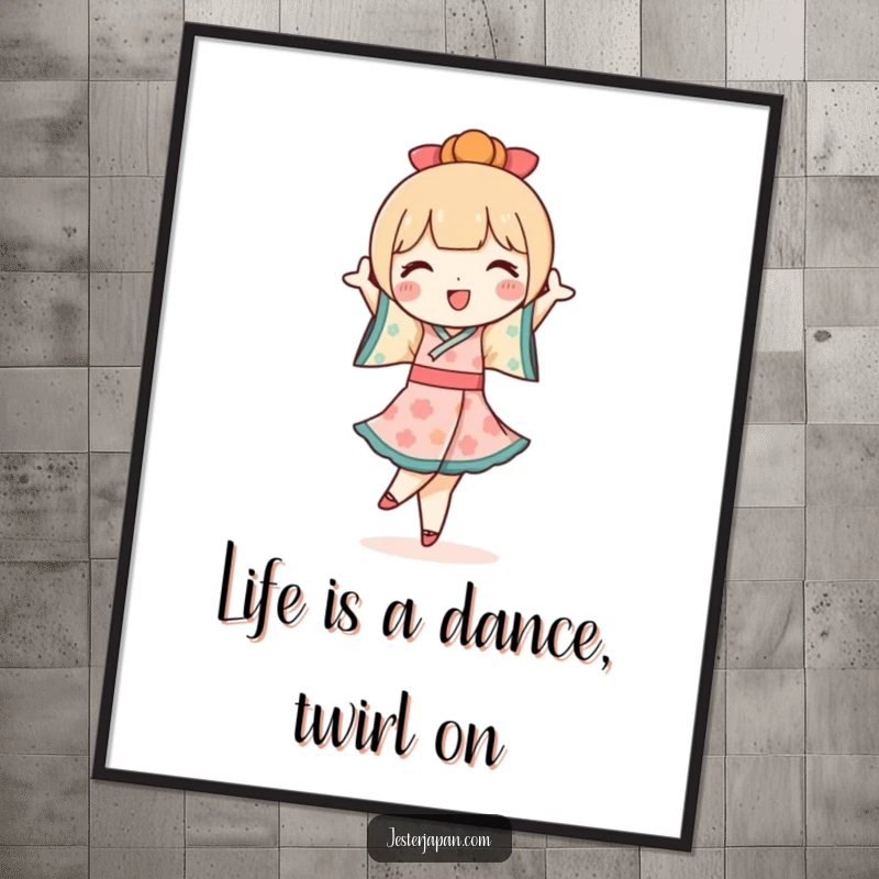 Funny Free Printable Wall Art featuring a cute Kokeshi doll character in a dynamic and joyful pirouette, adding a touch of fun.