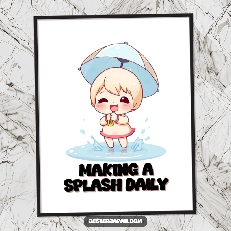 Funny Free Printable Wall Art: Happy character holding a tiny umbrella, joyfully splashing in a puddle.
