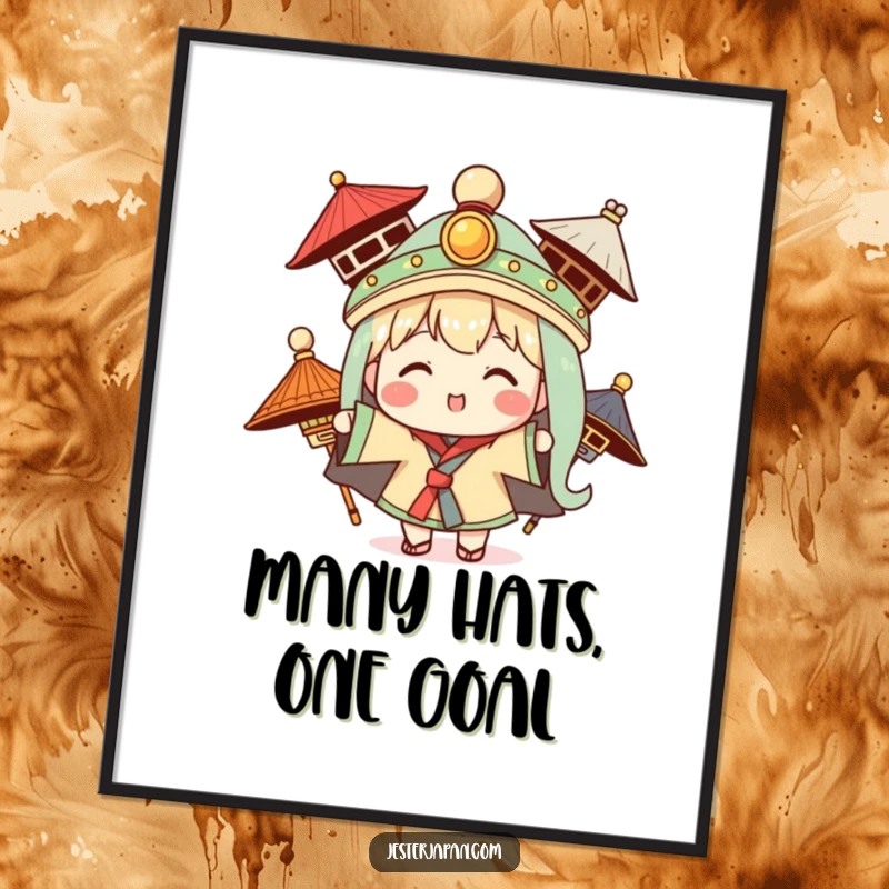 Funny Free Printable wall art of a Kawaii character joyfully experimenting with different traditional hats, a vibrant and amusing display.