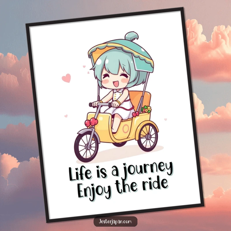 Funny free printable wall art depicting a character with a huge smile, riding a miniature, adorned rickshaw. Cheerful and vibrant decor.
