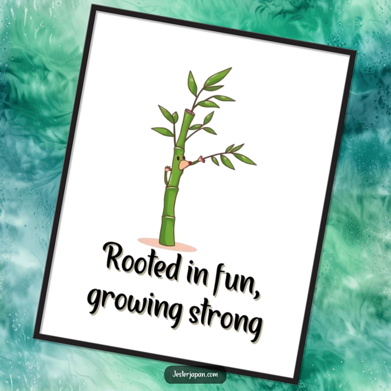 Funny Free Printable Wall Art of a bamboo stalk character bending joyfully in a gentle breeze, creating a peaceful and whimsical scene.