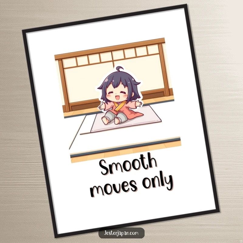 Funny Free Printable Wall Art: A character enjoys a playful slide across a smooth, traditional tatami mat. Minimalist and fun decor.