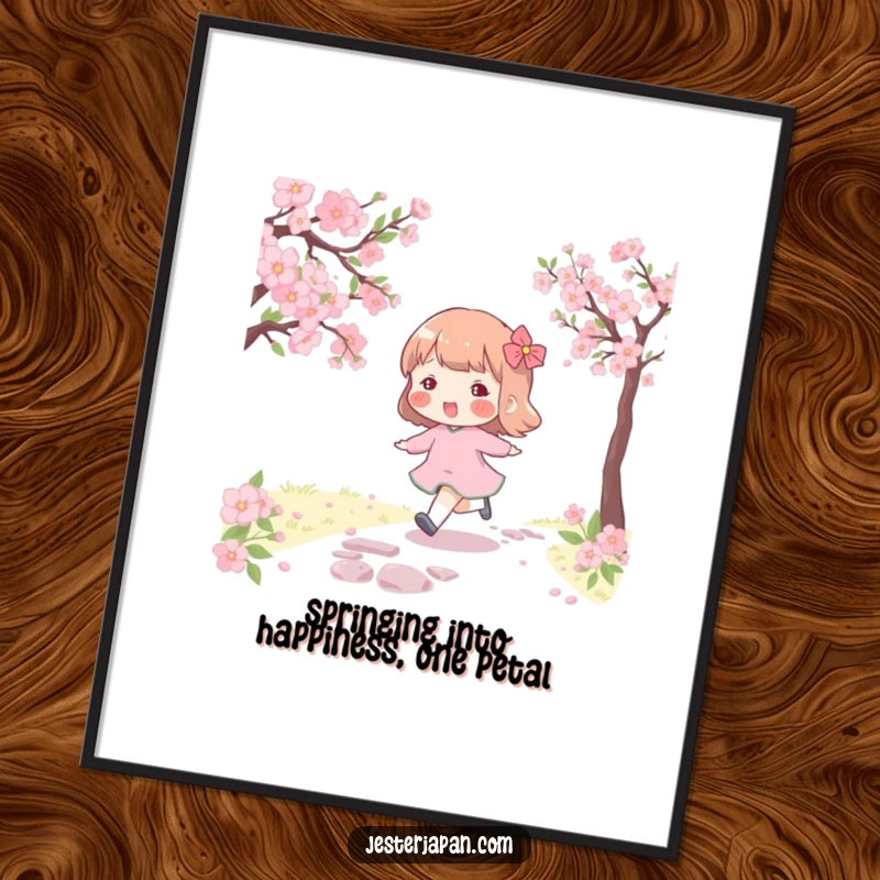 Funny Free Printable Wall Art: Character with rosy cheeks skips joyfully along a picturesque path adorned with cherry blossoms.