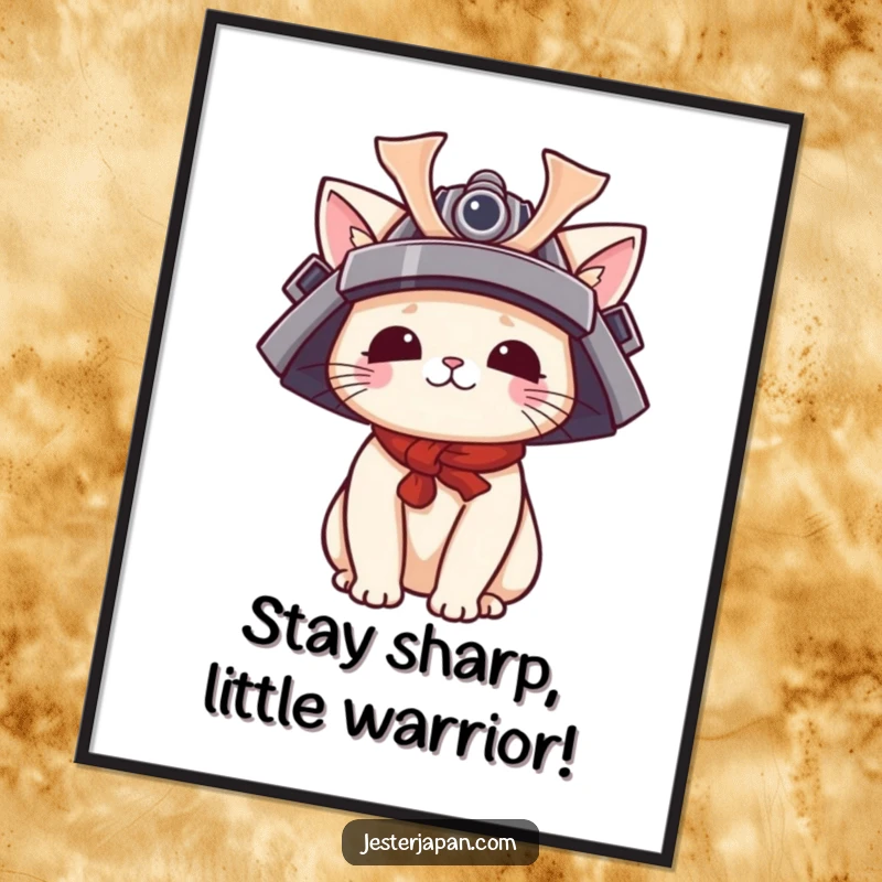 Funny Free Printable Wall Art: A kawaii cat playfully wears a tiny samurai helmet, exuding cute and funny warrior vibes.