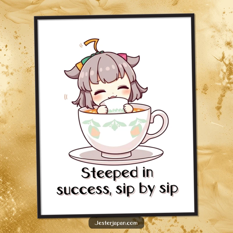 Funny Free Printable Wall Art of a character energetically sipping a giant teacup, radiating joy and a love for tea.