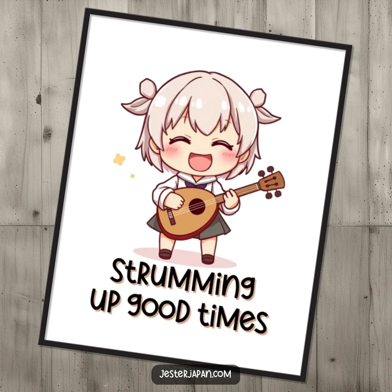 Funny Free Printable Wall Art: Smiling character playing a tiny shamisen with exaggerated, joyful movements, adding musical decor.