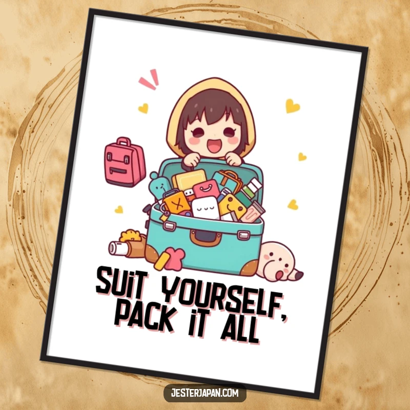 Funny Free Printable Wall Art: A Kawaii character excitedly packing a suitcase, with clothes and items spilling everywhere. Downloadable art to print at home.