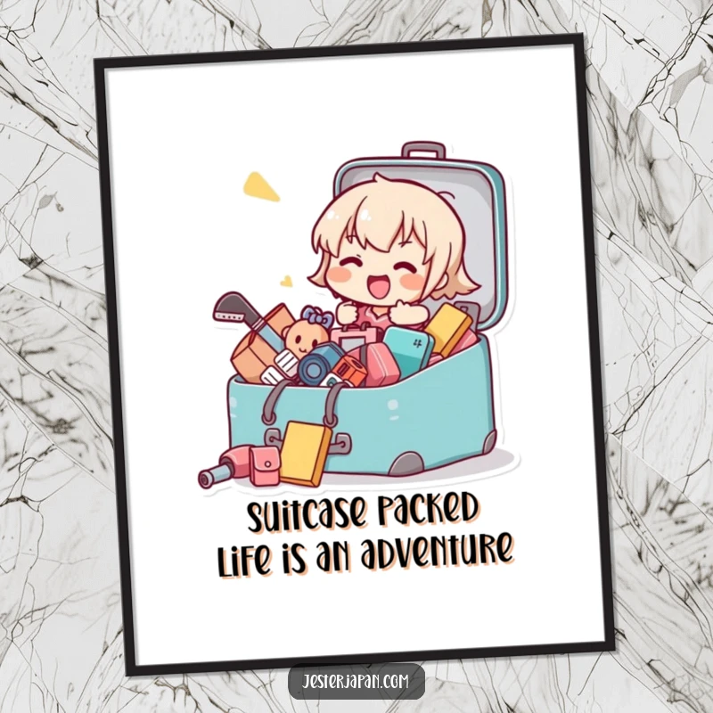 Funny Free Printable wall art of a Kawaii character excitedly packing a suitcase, items tumbling out, a comical scene.