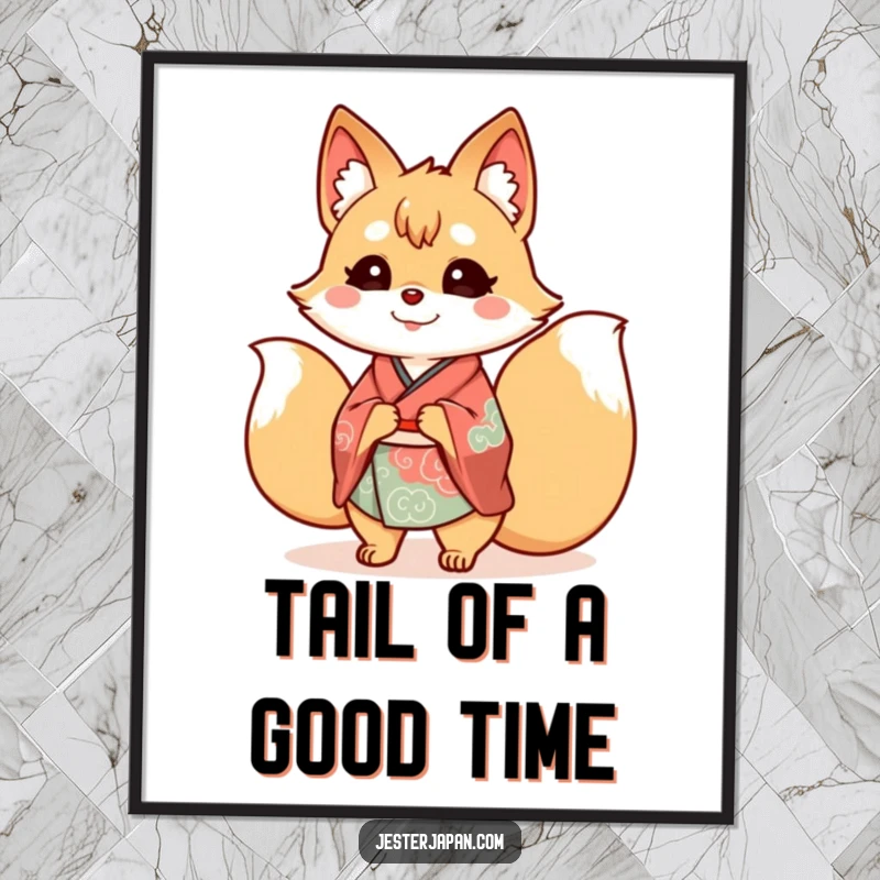 Funny Free Printable Wall Art: A cheerful Kitsune in a kimono with numerous wagging tails, radiating happiness.