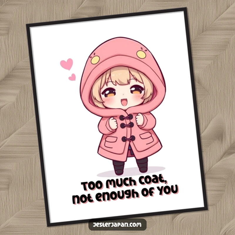 Funny Free Printable wall art of a character hilariously drowning in a comically enormous Happi coat, adding a touch of whimsy.
