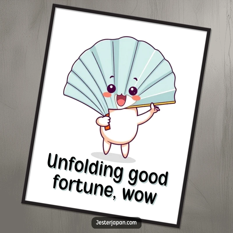 Funny Free Printable Wall Art of a happy fan character unfurling with a flourish, revealing a comically surprised face, adding a touch of whimsy.