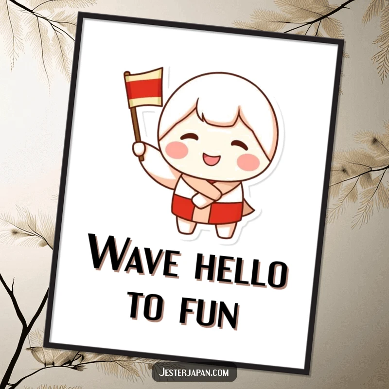 Funny Free Printable Wall Art featuring a smiling Kokeshi doll character enthusiastically waving a miniature flag, adding a festive touch.