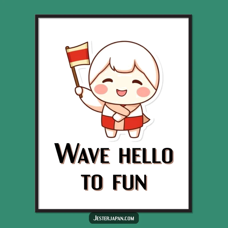 Funny Free Printable Wall Art: Waving Kokeshi Doll, Downloadable Home Decor Gift