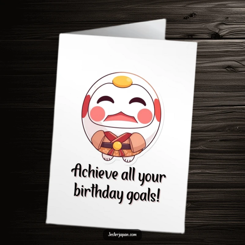 Funny Free Printable Birthday Card: A proud Daruma doll in a small kimono, looking resolute with purpose.