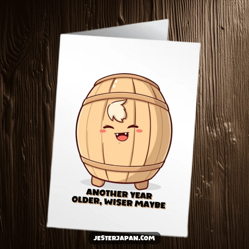 Funny Free Printable Birthday Card: Mischievous character peeks from behind a large sake barrel with a cheeky grin.