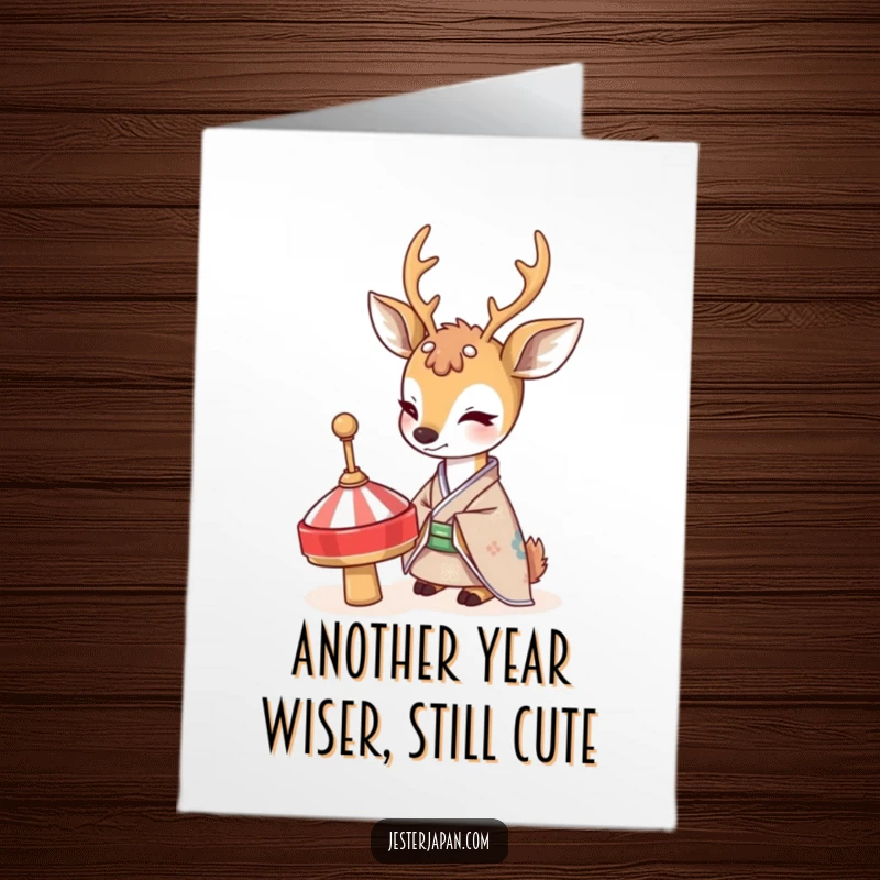Free Printable Birthday Card: A shy deer in a kimono curiously watches a spinning top, perfect for a gentle birthday wish.