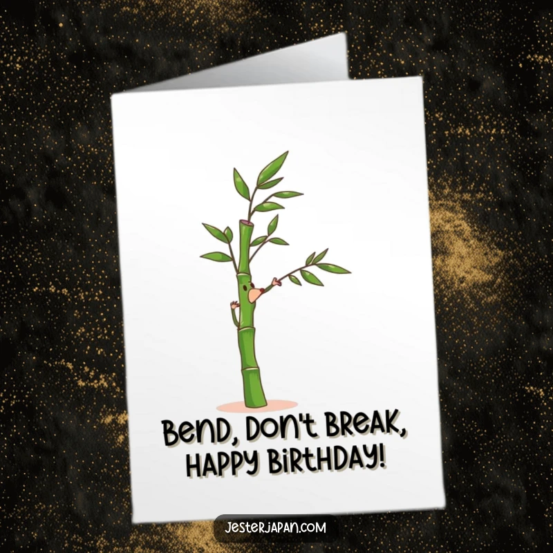 Funny Free Printable Birthday Card featuring a small bamboo stalk character bending joyfully in a gentle breeze, exuding peace and happiness.