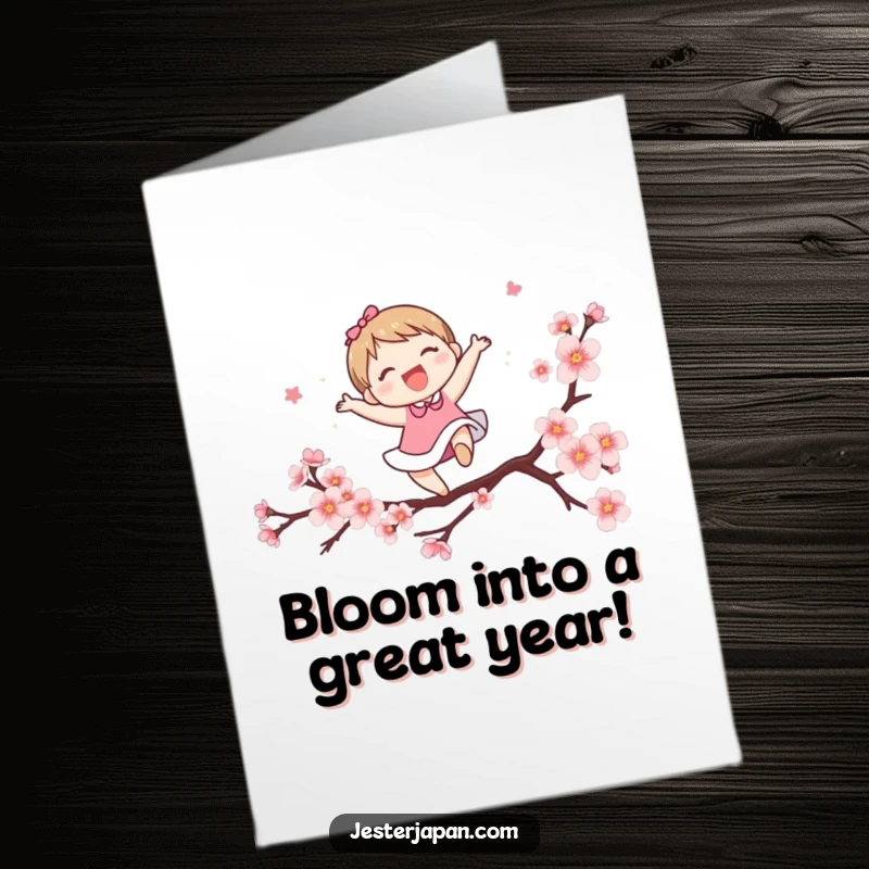 Funny Free Printable Birthday Card: Cute character performs a joyful leap over a delicate cherry blossom branch. Springtime celebration.