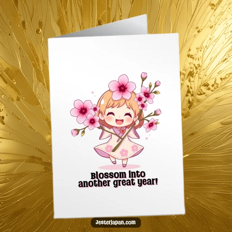 Funny Free Printable Birthday Card: Joyful character spinning happily, holding a vibrant bouquet of cherry blossoms.