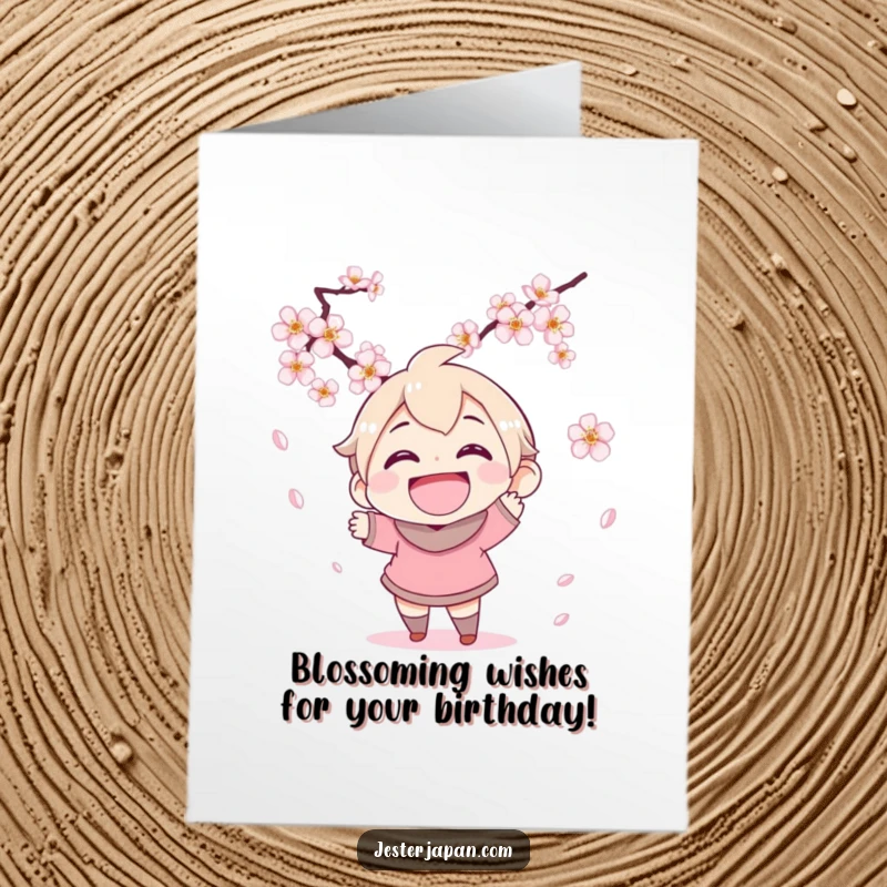 Funny Free Printable Birthday Card: Character with a huge grin tries to catch falling pink cherry blossoms.