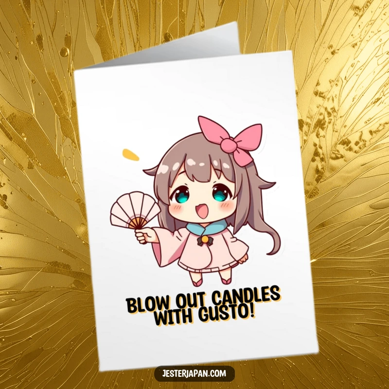 Funny Free Printable Birthday Card: Character enthusiastically waving a tiny hand fan, sending birthday wishes with a cool breeze.