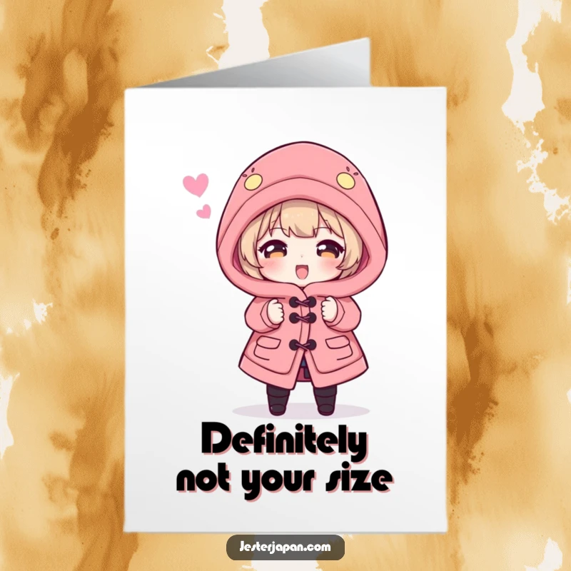 Funny Free Printable birthday card featuring a character hilariously struggling to wear a giant Happi coat, perfect for a good laugh.