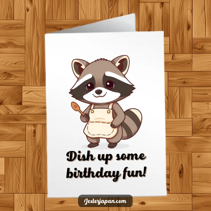 Funny Free Printable Birthday Card: A cute raccoon in a tiny apron, happily stirring a pot, ready to cook up birthday fun.