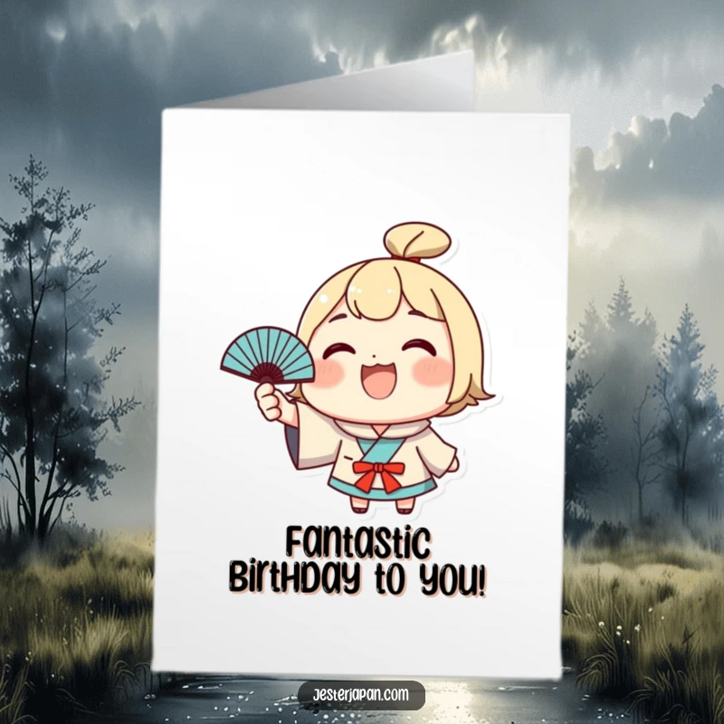 Funny Free Printable Birthday Card: Cute character with a wide grin excitedly waves a tiny Japanese fan, wishing a happy birthday.