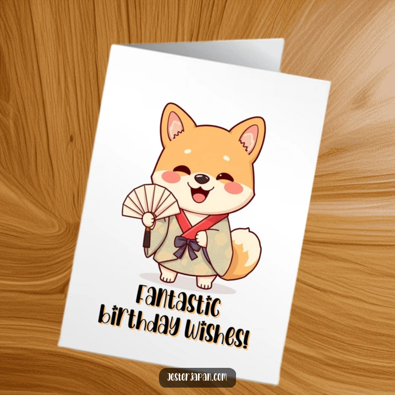Funny free printable birthday card featuring a cheerful Shiba dog in a kimono happily waving a paper fan, radiating pure joy.