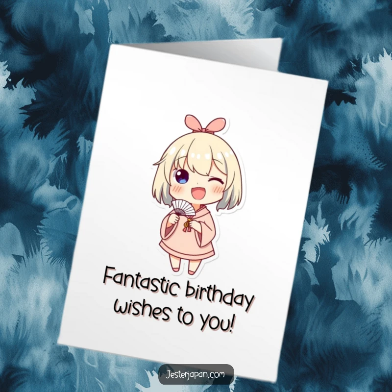 Funny Free Printable Birthday Card: Character energetically waving a small paper fan with a huge, happy smile and excited eyes.