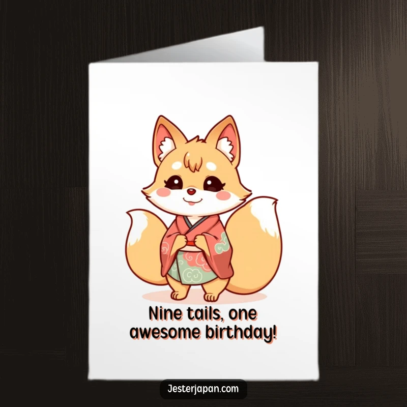 Funny Free Printable Birthday Card: A cheerful Kitsune in a kimono with many wagging tails, spreading birthday cheer.