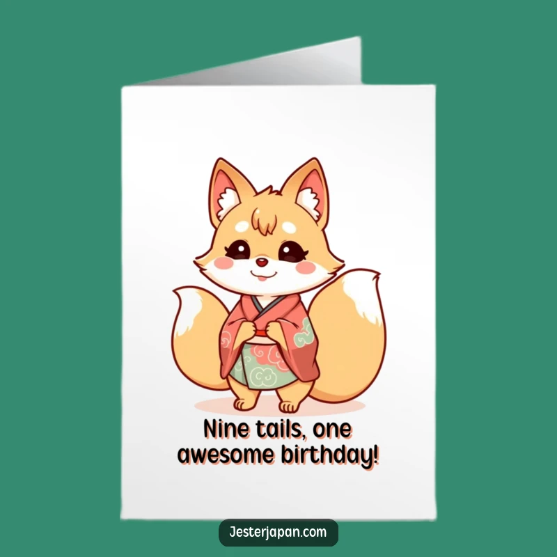 Free Printable Birthday Card: Funny Kitsune with Wagging Tails, Perfect Downloadable Gift
