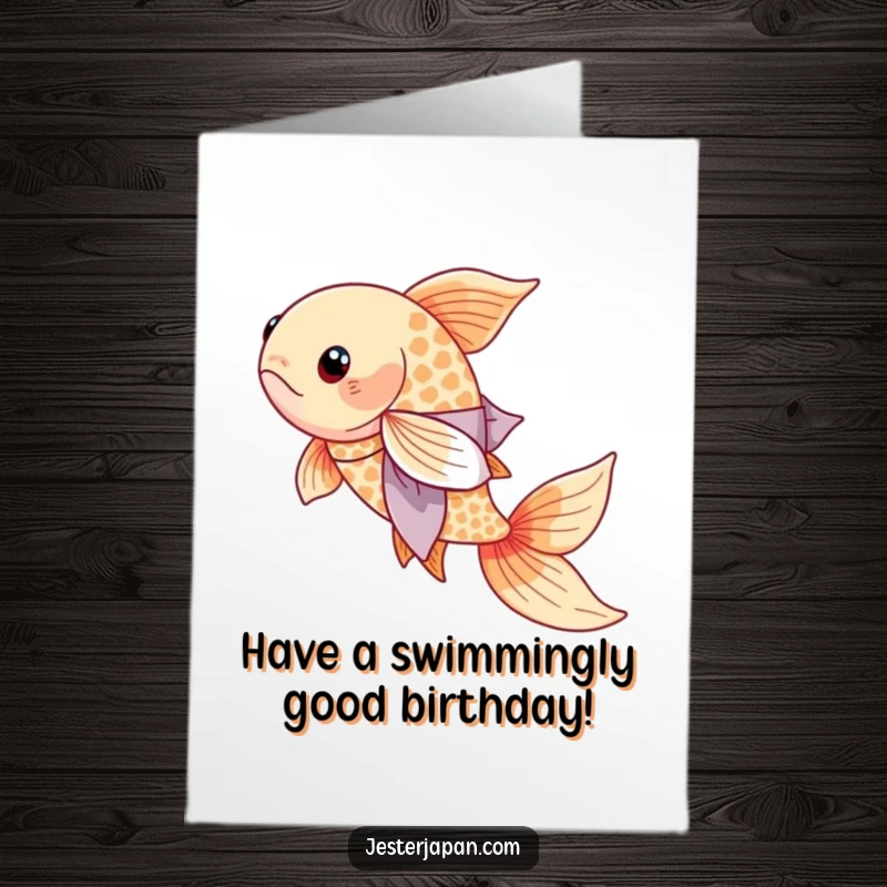 Funny Free Printable Birthday Card: A serene Koi fish in a flowing kimono, swimming gracefully with calm.
