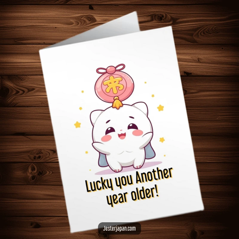 Funny free printable birthday card: Delighted character gazing at a giant lucky charm for a wish.