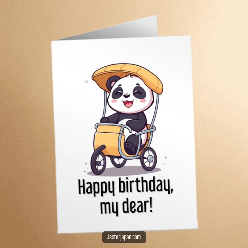 Funny Free Printable Birthday Card: A smiling panda character rides a miniature rickshaw with pure glee, celebrating a birthday.