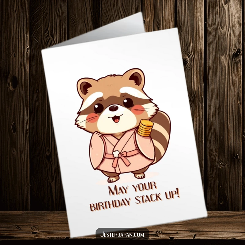 Funny Free Printable Birthday Card: A playful Tanuki in a kimono, happily carrying stacked coins for good luck.