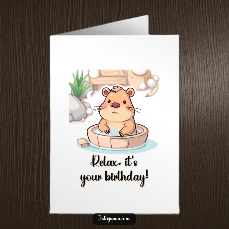 Funny Free Printable Birthday Card: A happy capybara blissfully soaking in a steaming hot spring, radiating pure contentment and birthday joy.
