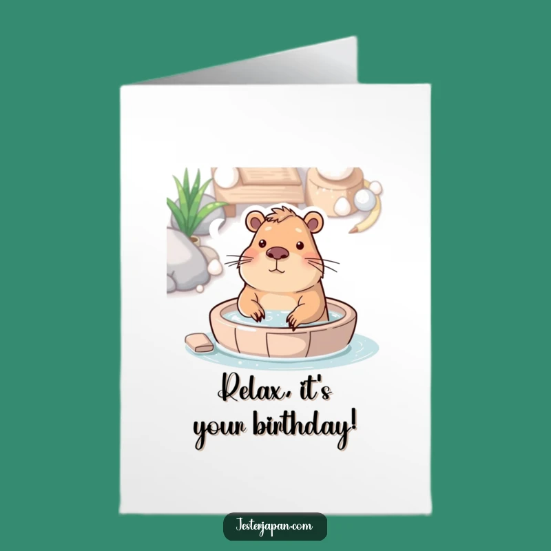 Free Printable Birthday Card: Relaxing Capybara Hot Spring, Soothing Downloadable Gift
