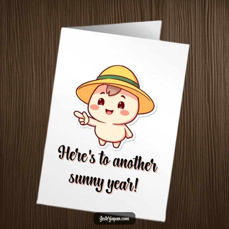 Funny Free Printable Birthday Card: Cheerful character in a sun hat points forward with a smile, wishing a happy birthday.