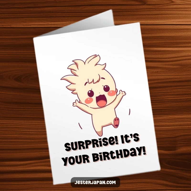 Funny Free Printable Birthday Card: Character comically leaping back from a sudden, magical origami crane appearance.