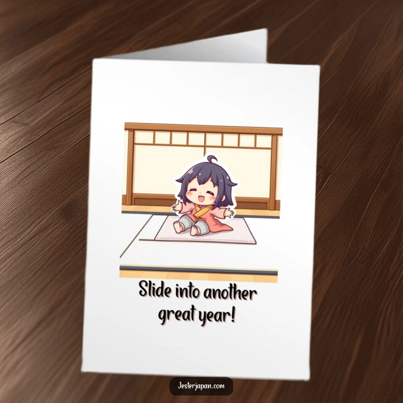 Funny Free Printable Birthday Card: Character joyfully slides across a smooth tatami mat. Playful birthday fun.