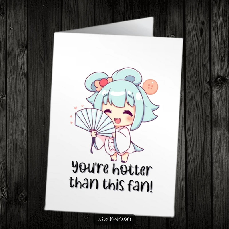 Funny Free Printable Birthday Card: Smiling character uses a large fan for dramatic, exaggerated fanning in warm weather.